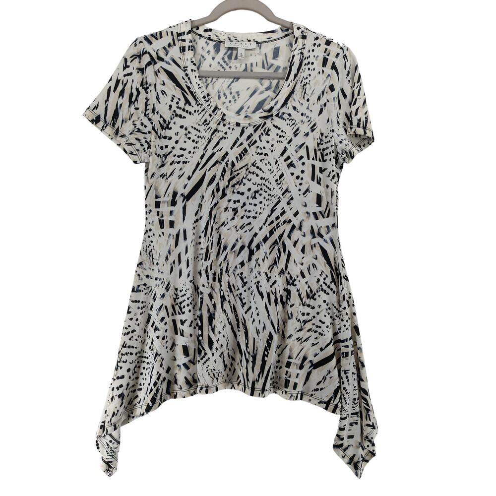 Chaus New York Animal Print Blouse S Black White Asymmetric Top Tunic Loose‎ Fit